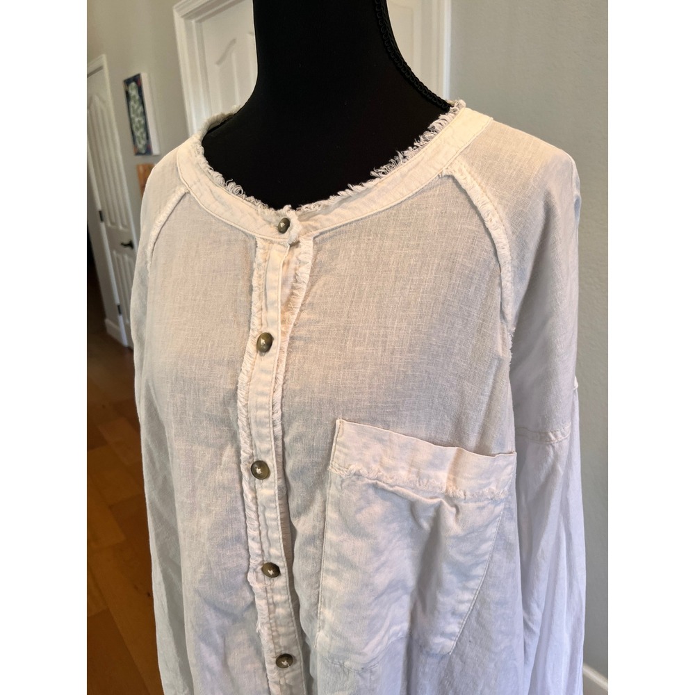 We The Free Button Down Blouse Womens L White Excellent Linen Blend Boho Top